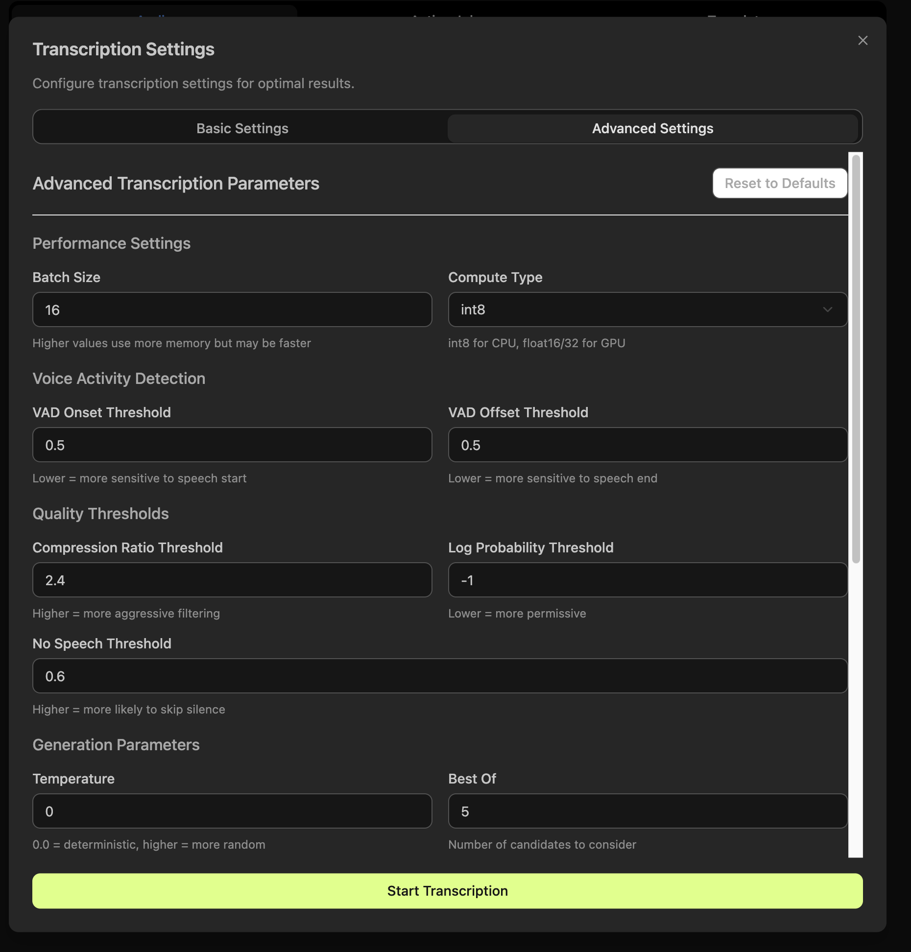 Transcription Settings
